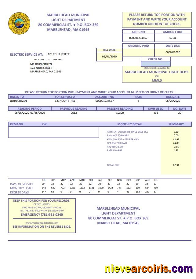 USA Marblehead Municipal Light Department utility bill